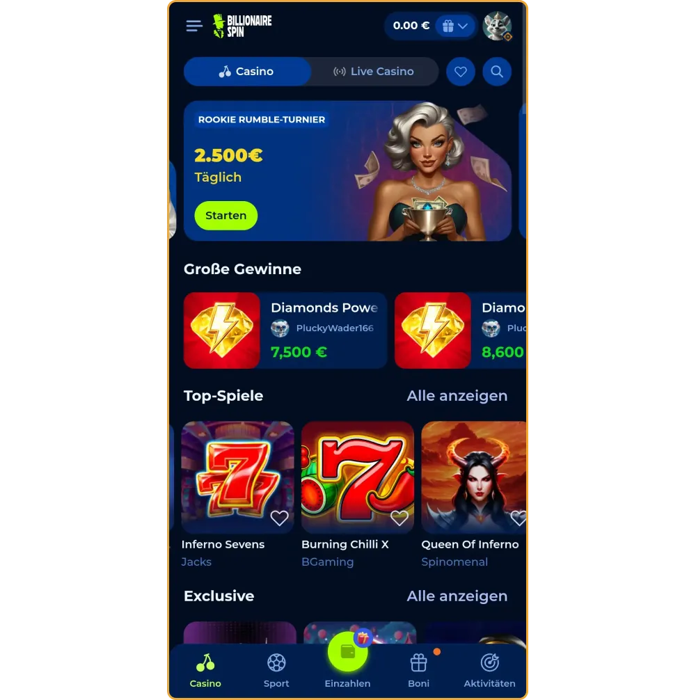 Übersicht der Hauptseite vom Billionairespin Online-Casino