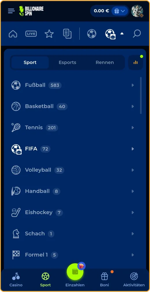 Alle Sportkategorien bei BillionaireSpin