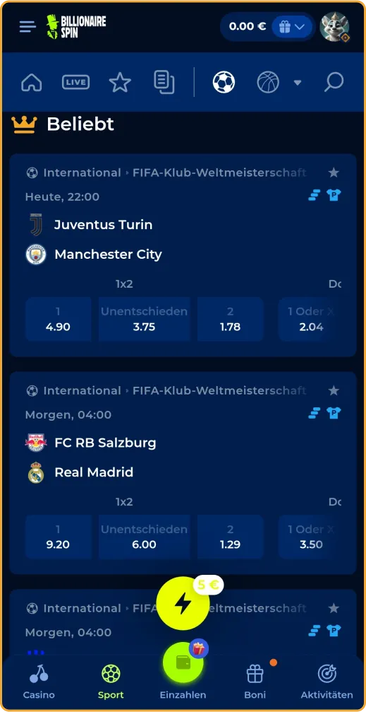 Beliebte Sportwetten bei BillionaireSpin