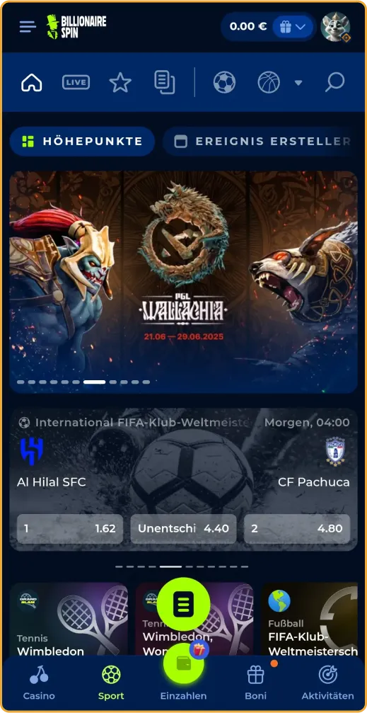 Sportwetten-Bereich von BillionaireSpin