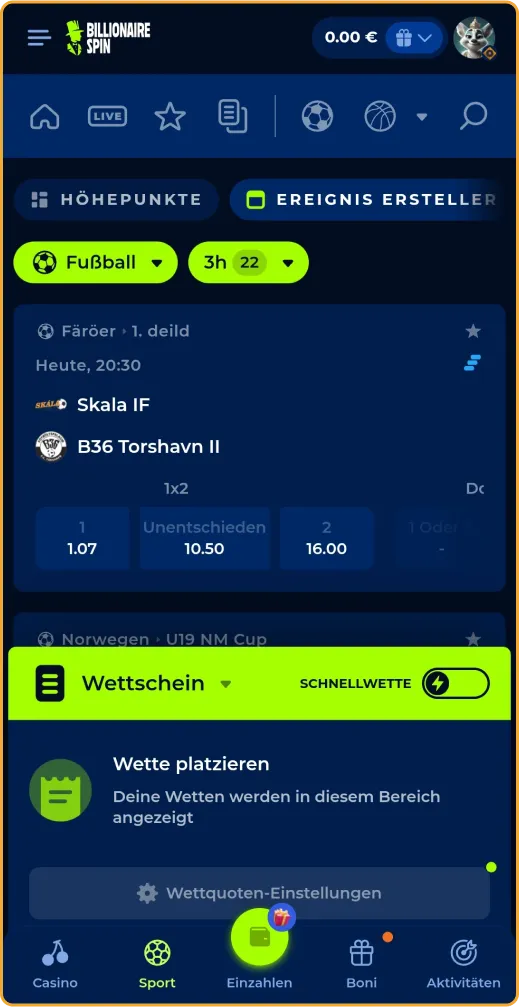 Fußballwetten bei BillionaireSpin