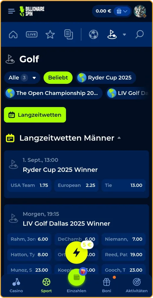 Golfwetten bei BillionaireSpin