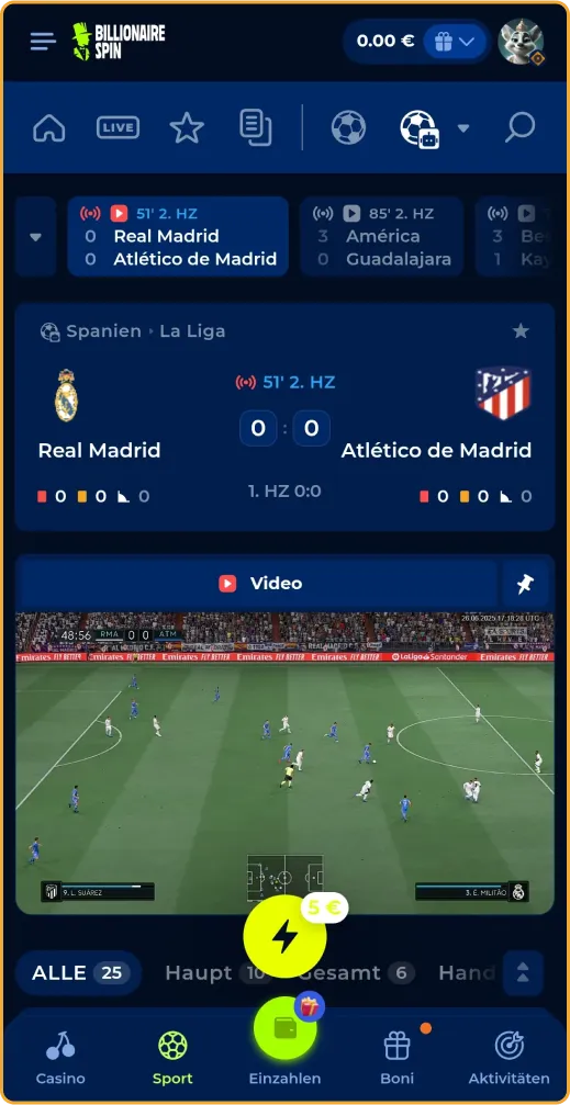 Live-Fußballwetten bei BillionaireSpin