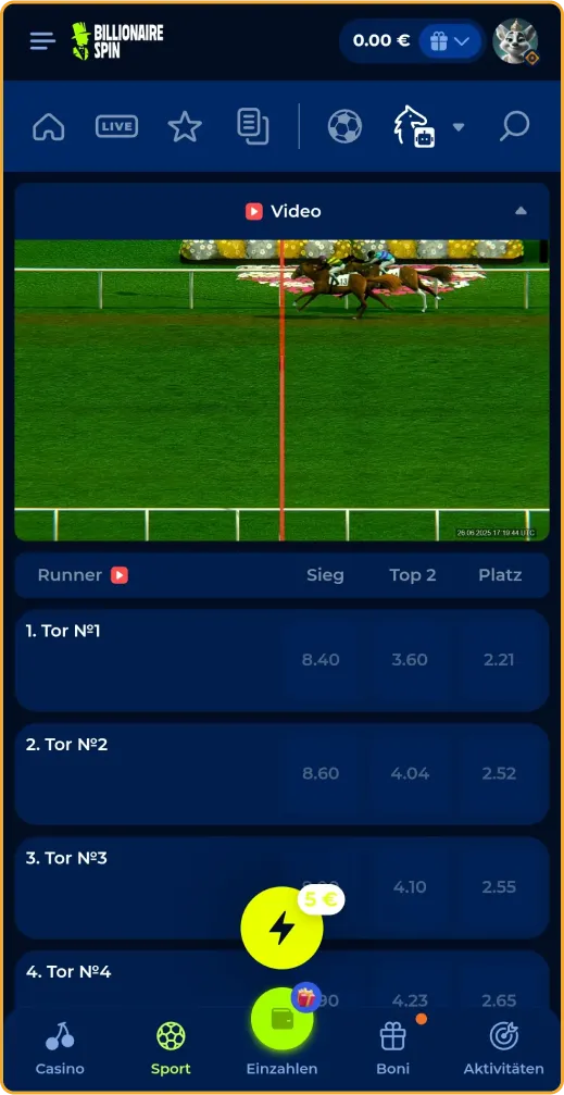 Live-Runner-Wetten bei BillionaireSpin
